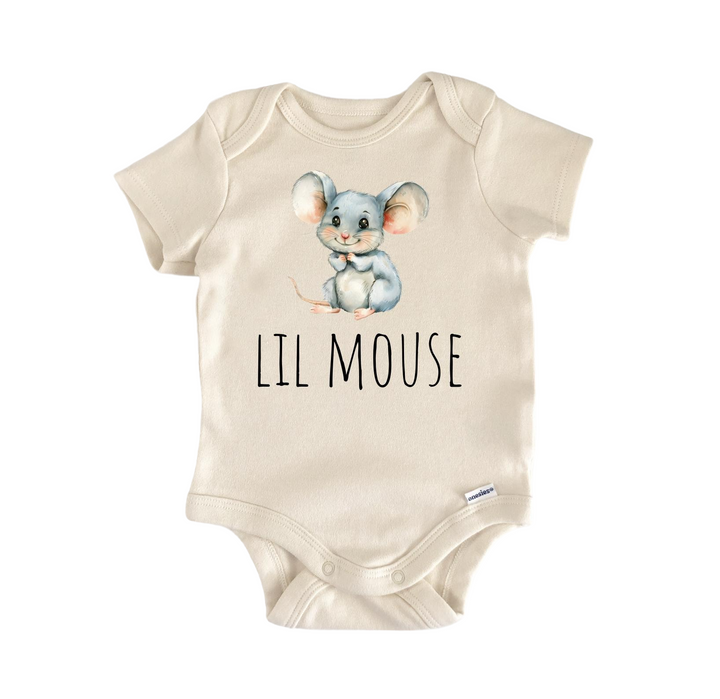 a baby bodysuit with a picture of a mouse on it