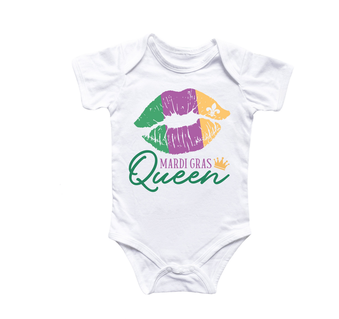 a baby bodysuit with the words mardi gras queen on it