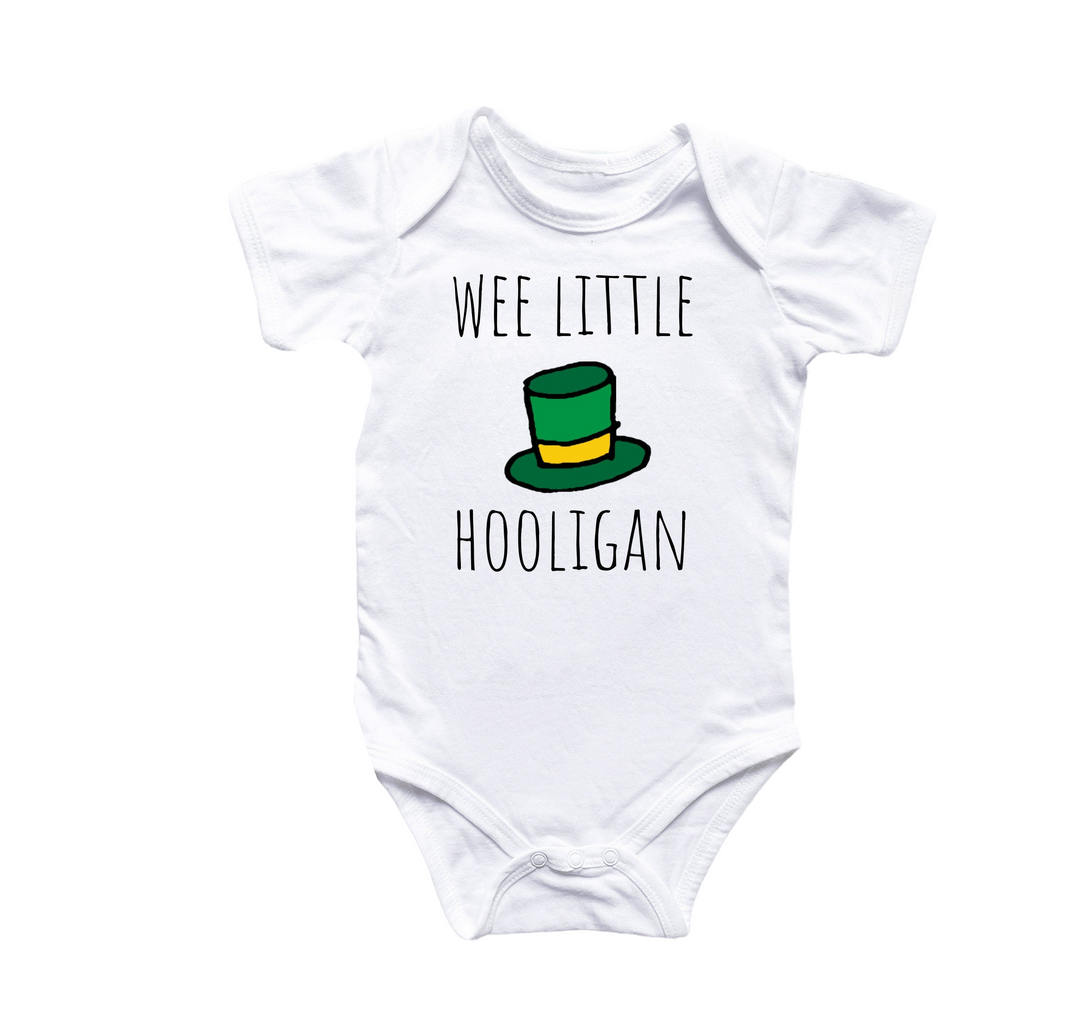 a white bodysuit with a green top hat and the words wee little hooli