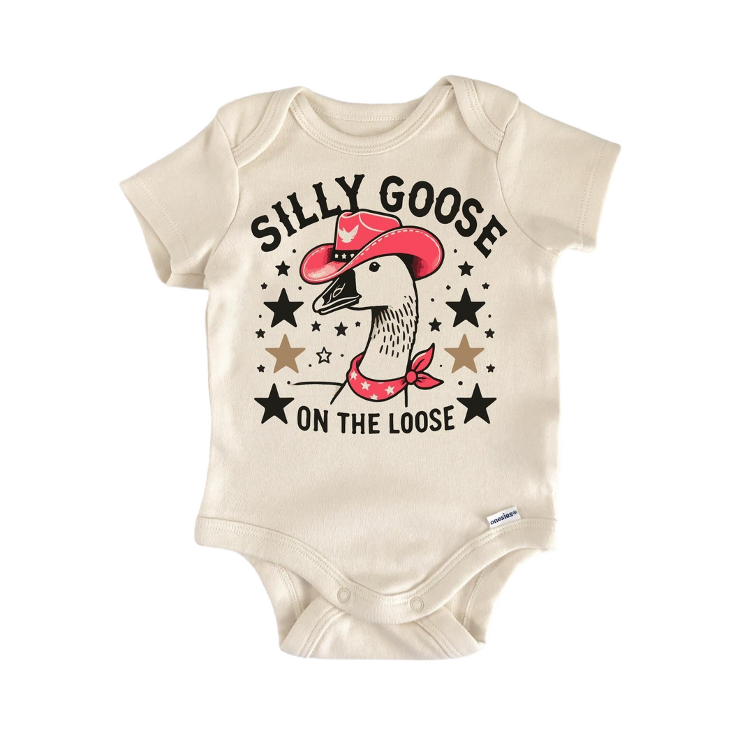 a baby bodysuit that says silly goose on the loose