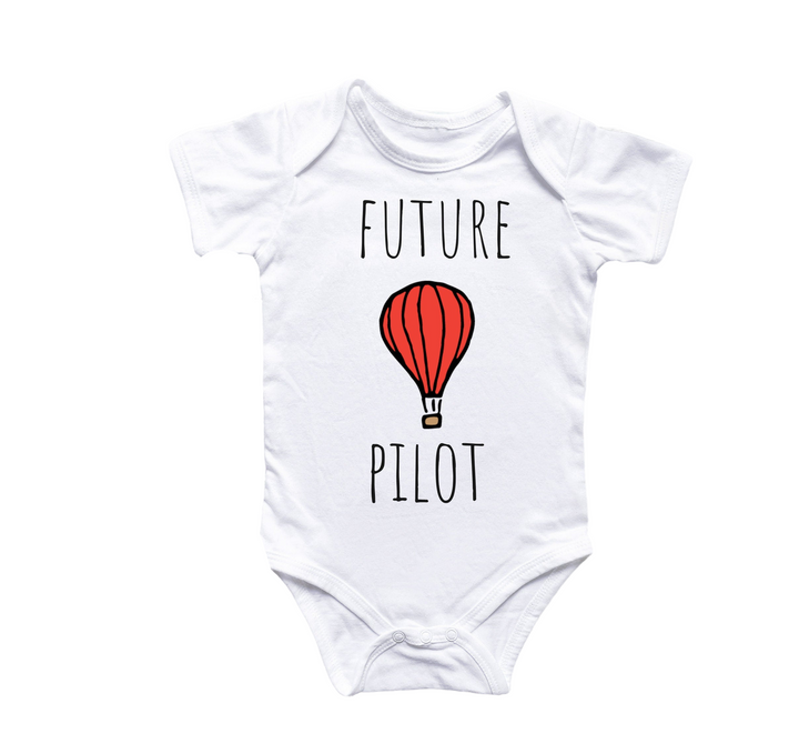 a white bodysuit with a red hot air balloon on it