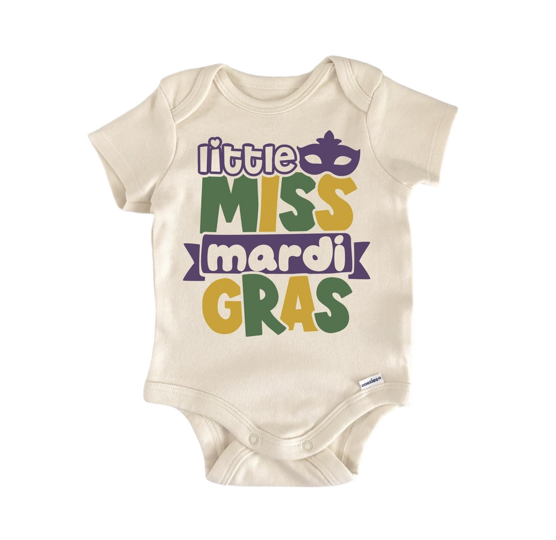 a baby bodysuit that says little miss mardi gras