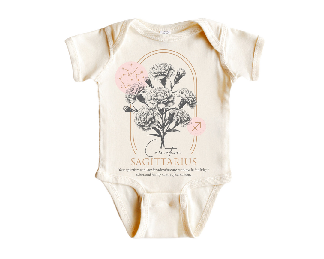 a baby bodysuit with a picture of a flower on it