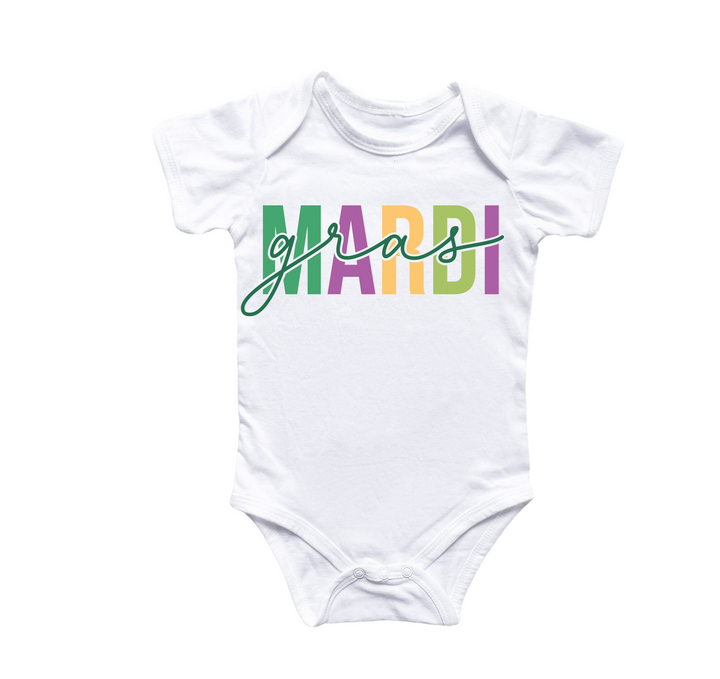 a white bodysuit with the word mardi written on it