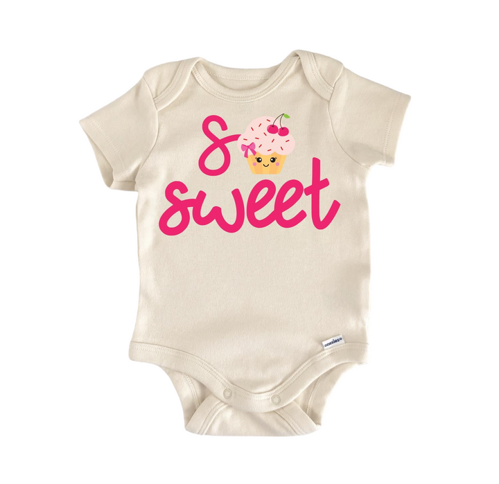 a baby bodysuit that says sweet with a cupcake on it