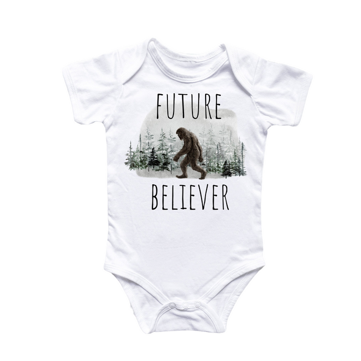 a baby bodysuit with a picture of a bigfoot on it