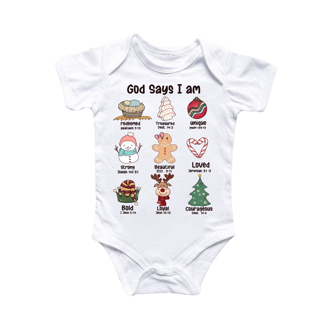 a baby bodysuit that says god says i am