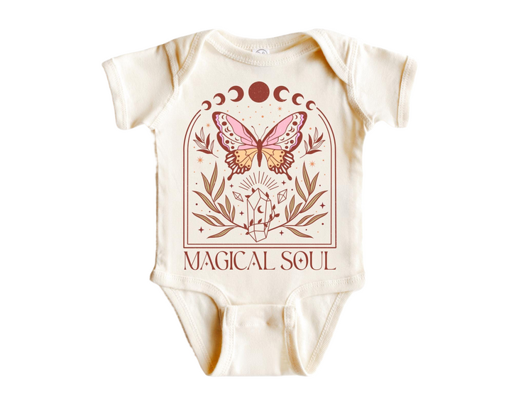 a baby bodysuit with a picture of a butterfly on it