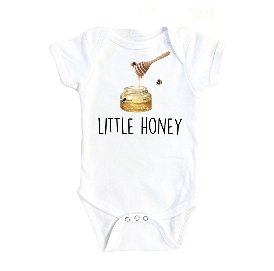 a baby bodysuit with a honey jar and a honeybee on it