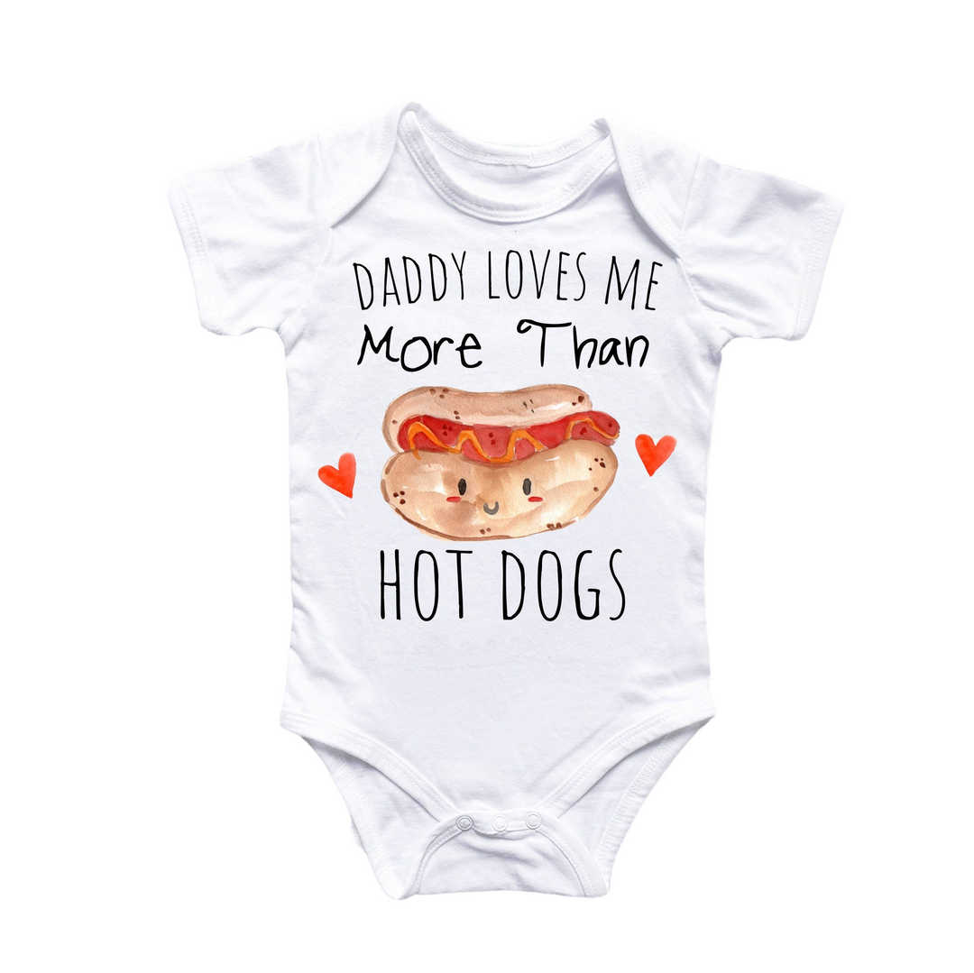 a baby bodysuit with a hot dog on it