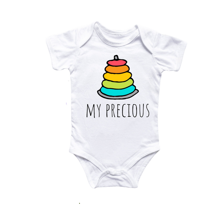 a white bodysuit with a rainbow stack of stacked blocks that says, my precious