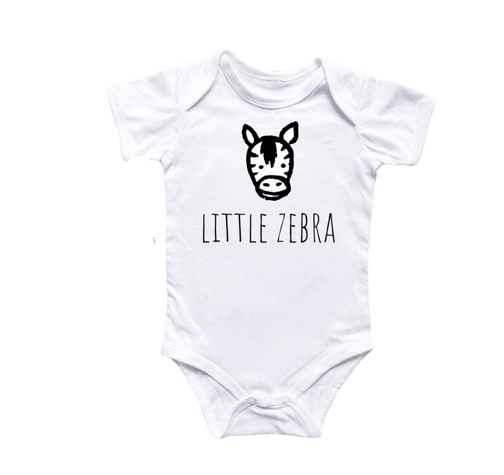 a baby bodysuit with a picture of a little zebra on it