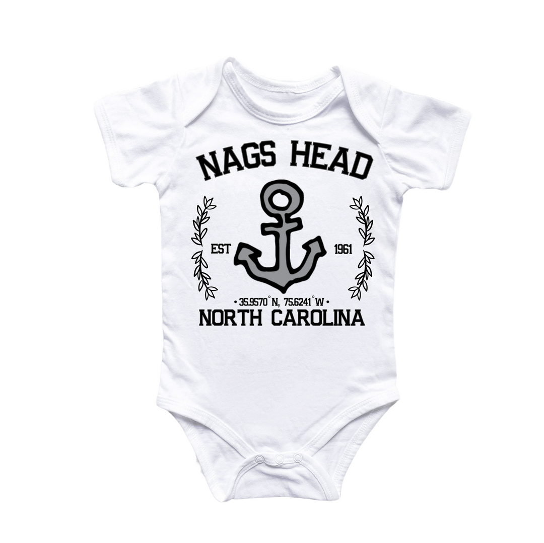 a white bodysuit with an anchor and the words nags head north carolina