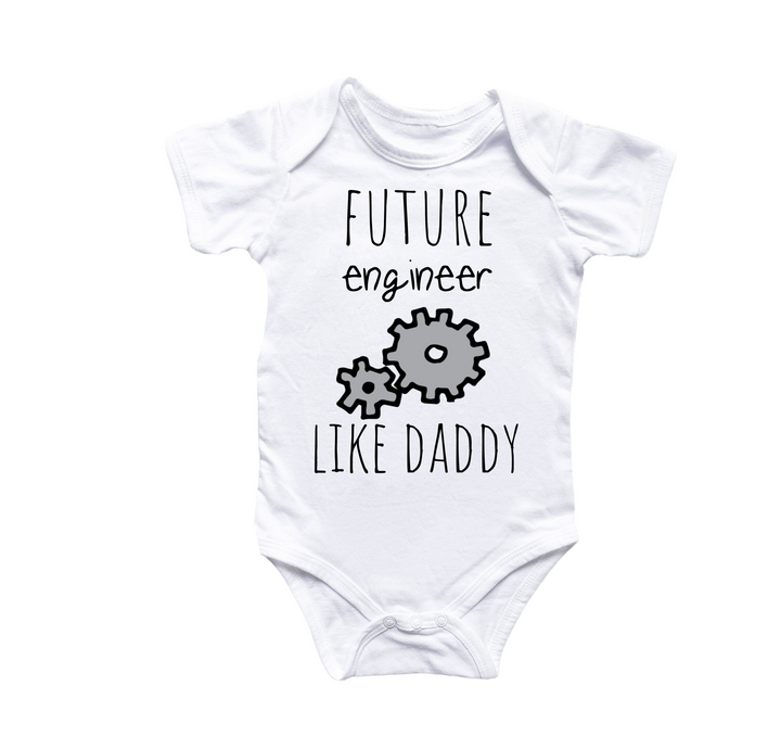 a white baby bodysuit with the words, future engineer like daddy