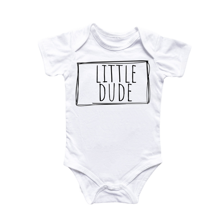 a white bodysuit with the words little dude printed on it