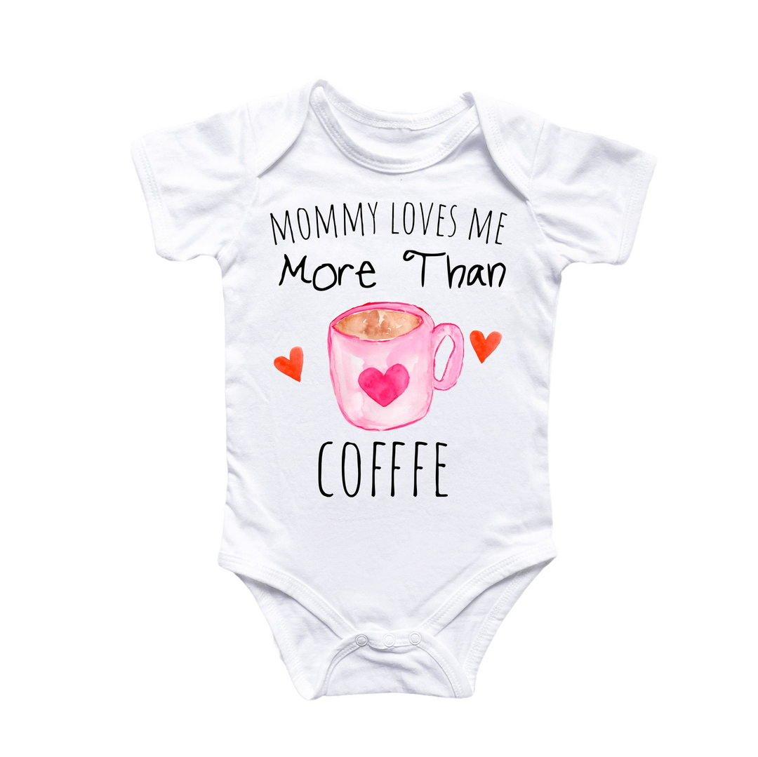 a baby bodysuit that says mommy loves me more than coffee