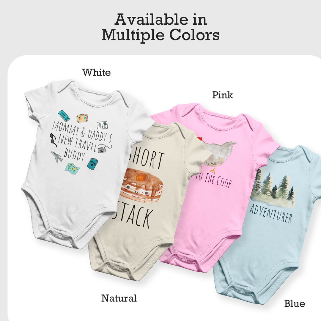 a group of baby onesuits that are labeled in multiple colors