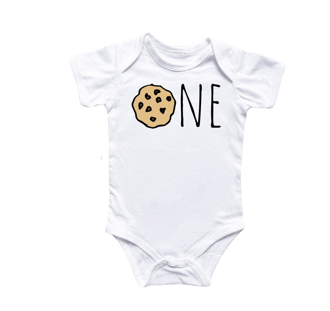 a white onesie with a cookie on it