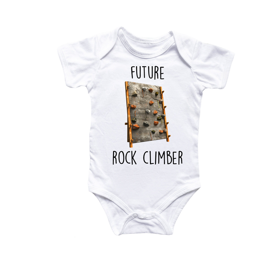 a white bodysuit with a picture of a rock climber