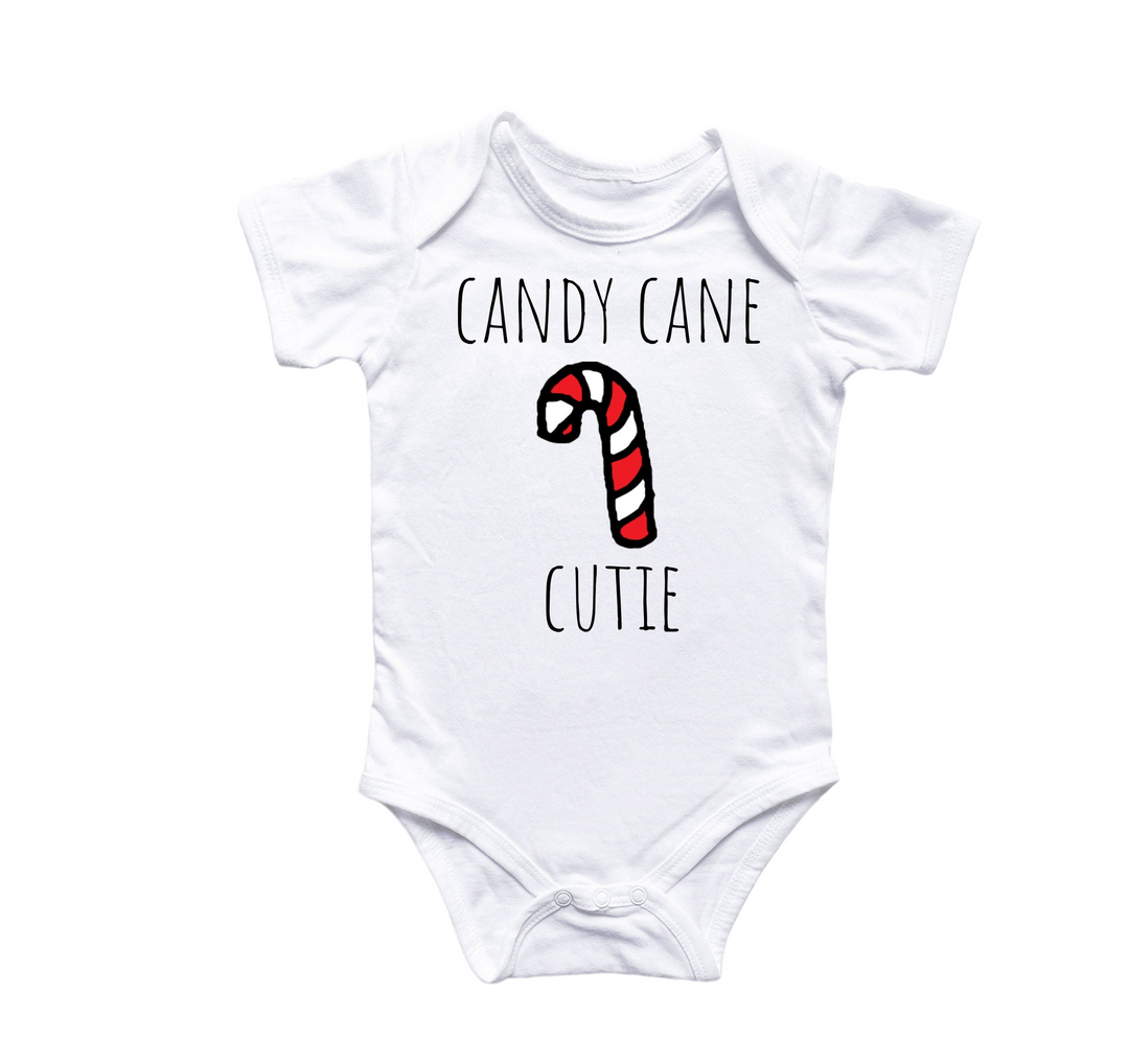 a white bodysuit with a candy cane cutie on it