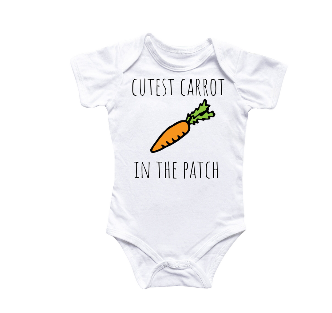 a white baby bodysuit with a carrot in the middle