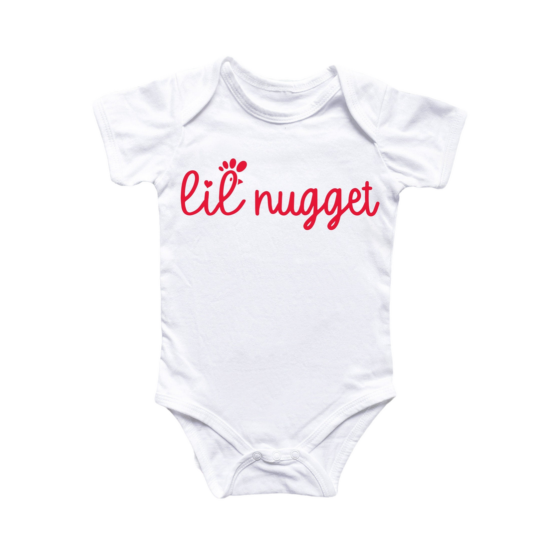 a white bodysuit with the word lil nugget printed on it