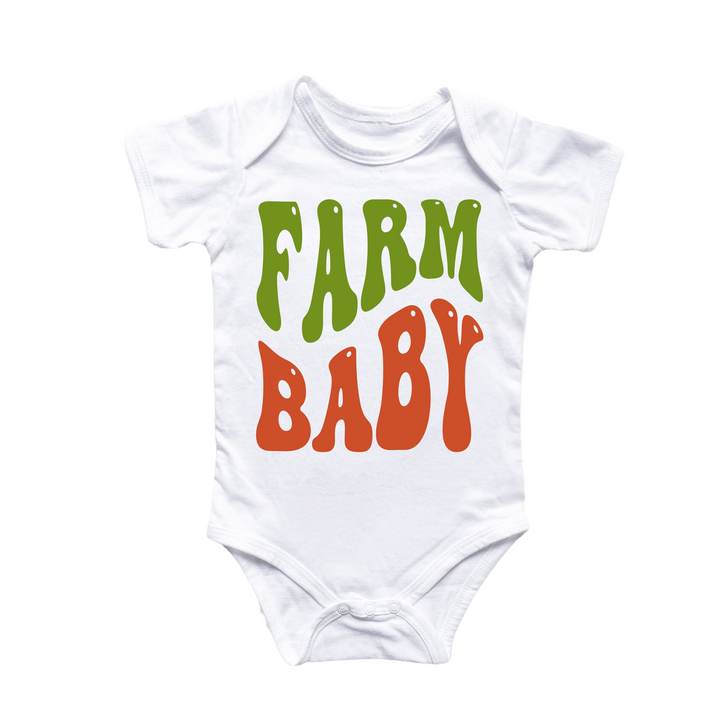 a white bodysuit with the words farm baby printed on it