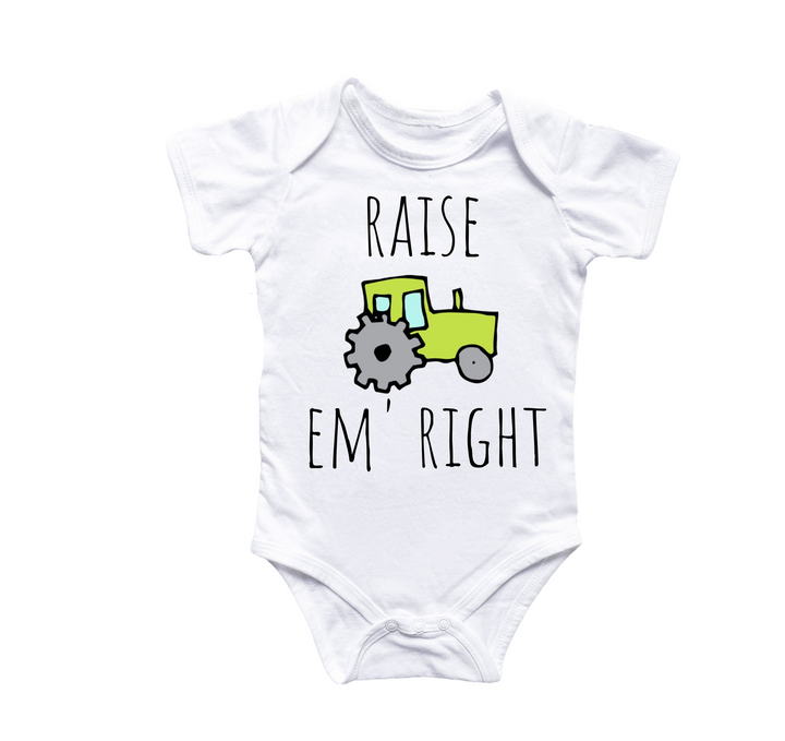 a baby bodysuit with a tractor on it