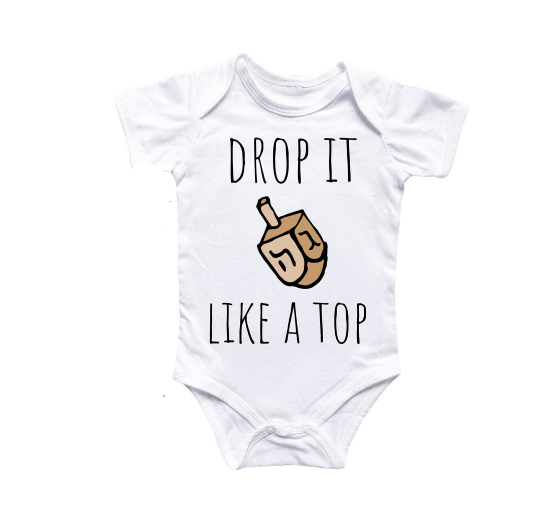 a baby bodysuit that says drop it like a top