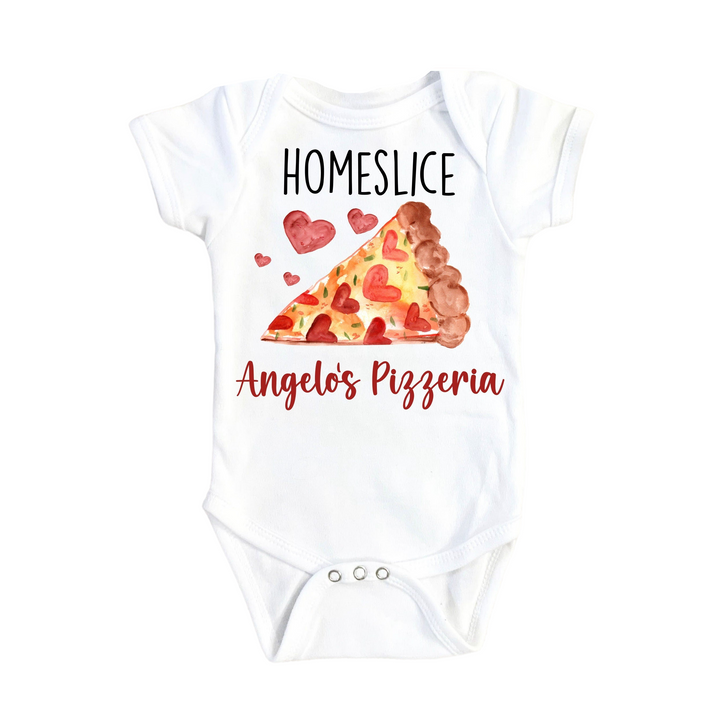 a baby bodysuit with a slice of pizza on it