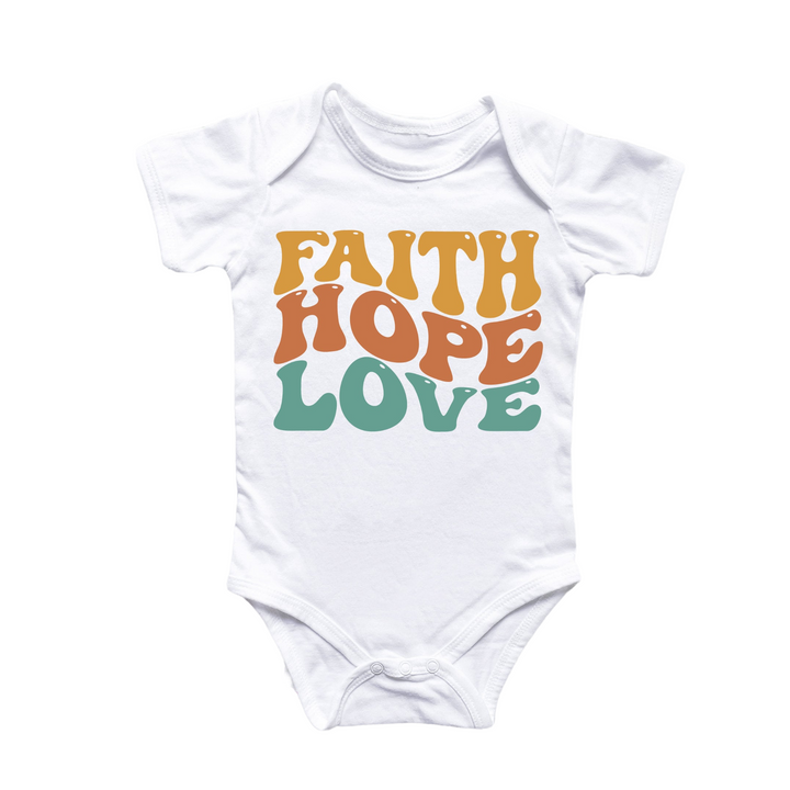 a white bodysuit that says faith hope love