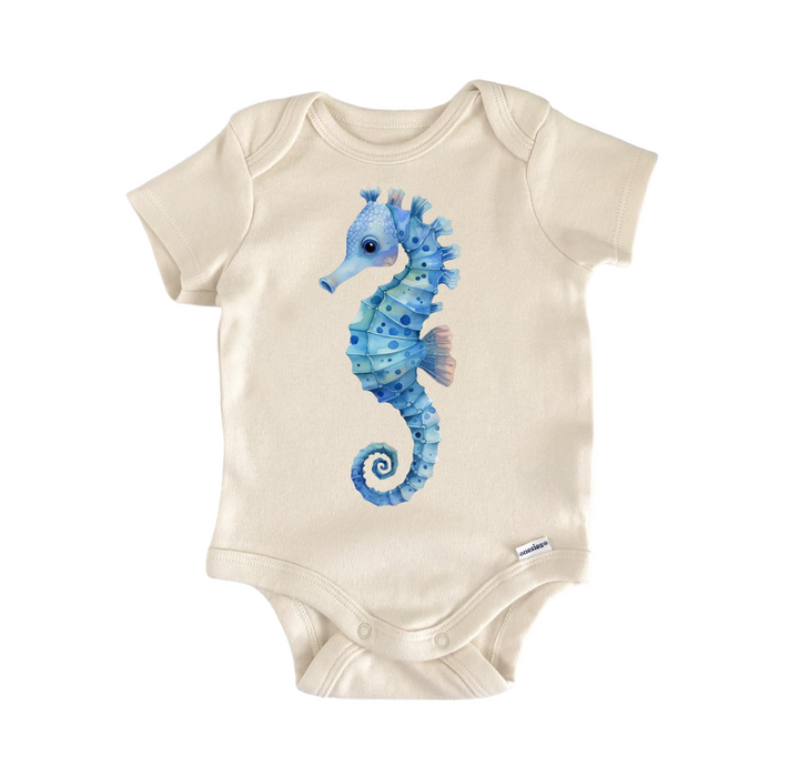 a baby bodysuit with a blue sea horse on it