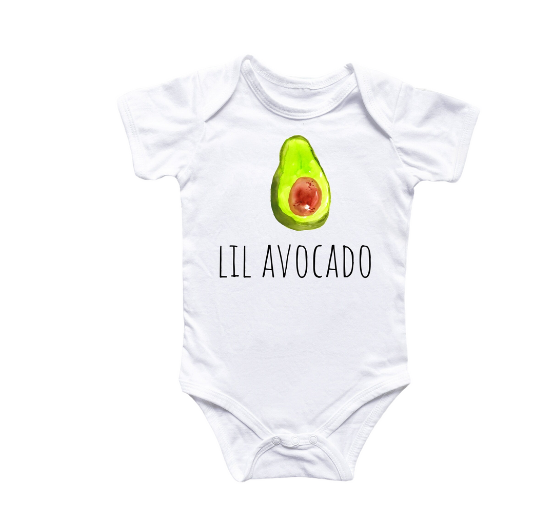 a white baby bodysuit with an avocado on it