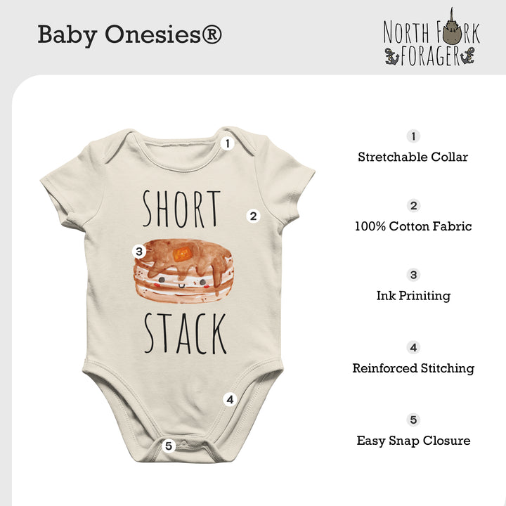 a baby onesie with the words short stack on it