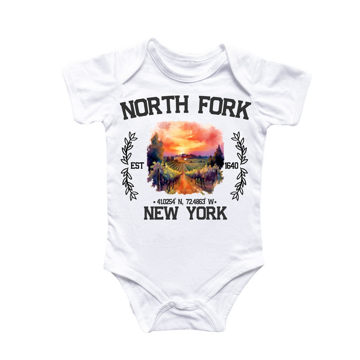 a white bodysuit with the words north fork on it