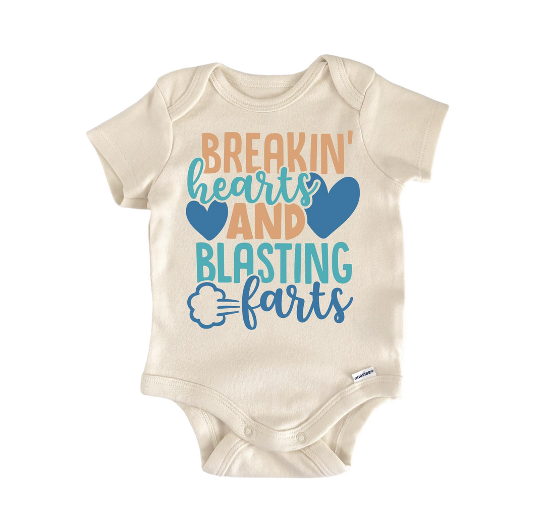 a baby bodysuit that says breaking hearts and blasting hearts