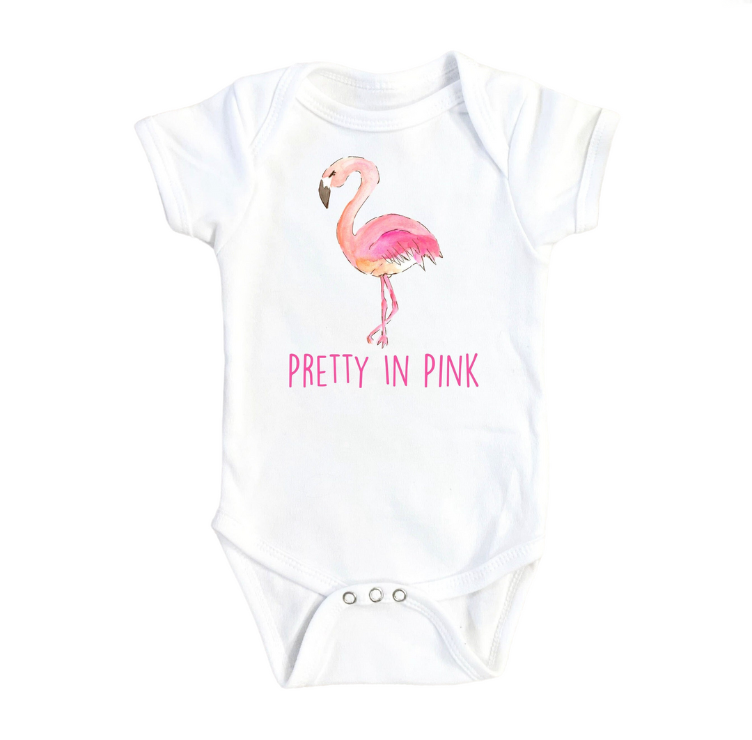 a white bodysuit with a pink flamingo on it