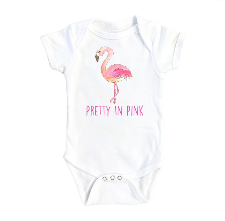 a white bodysuit with a pink flamingo on it