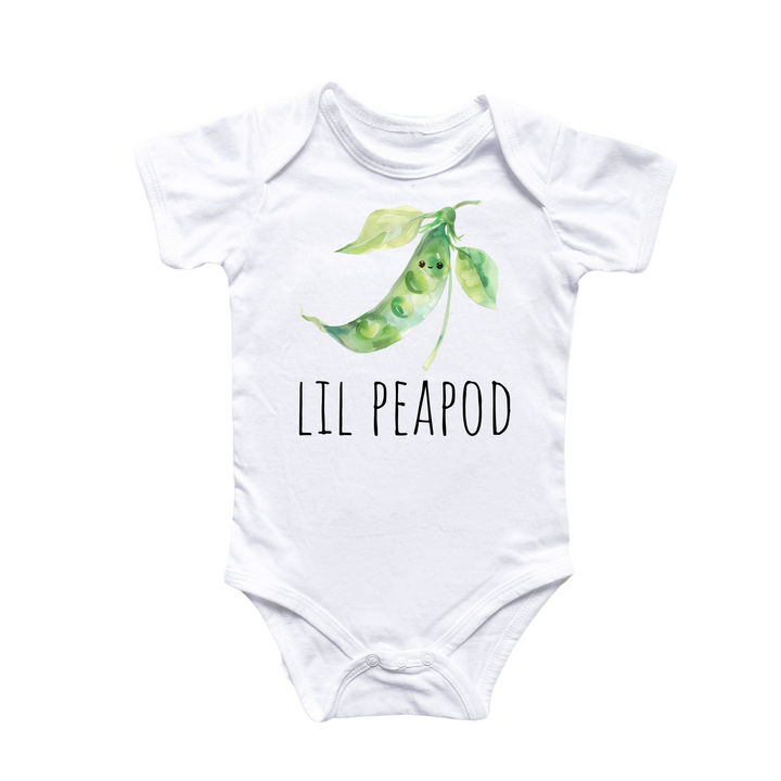 a white bodysuit with a pea pod on it