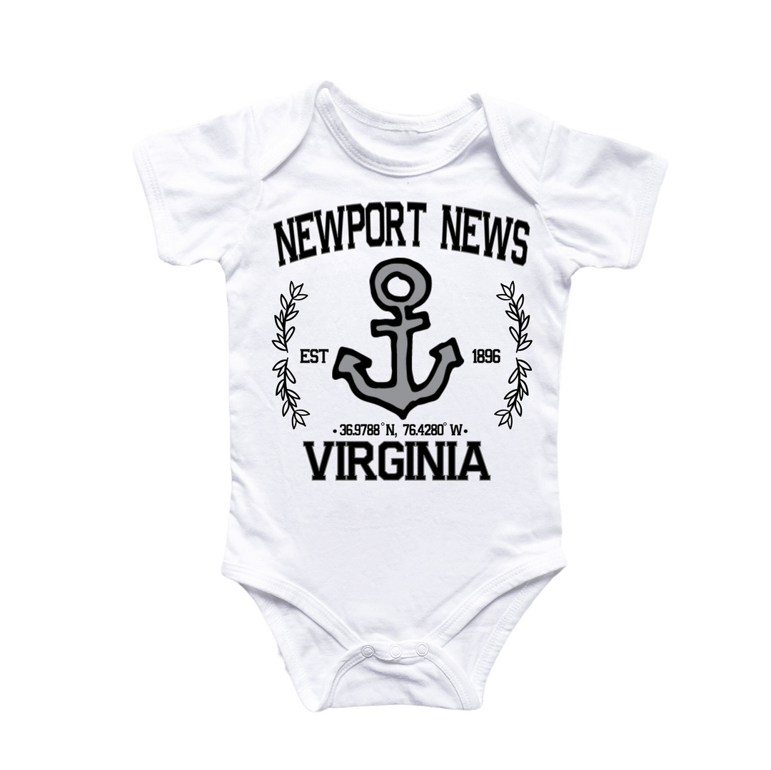 a white bodysuit with an anchor and the words newport news on it