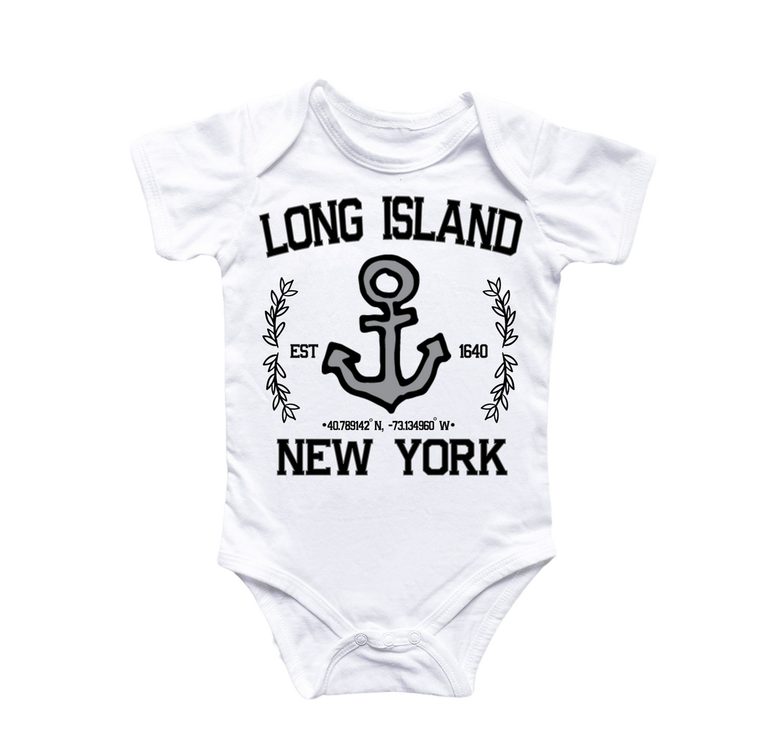 a white bodysuit with an anchor and the words long island, new york