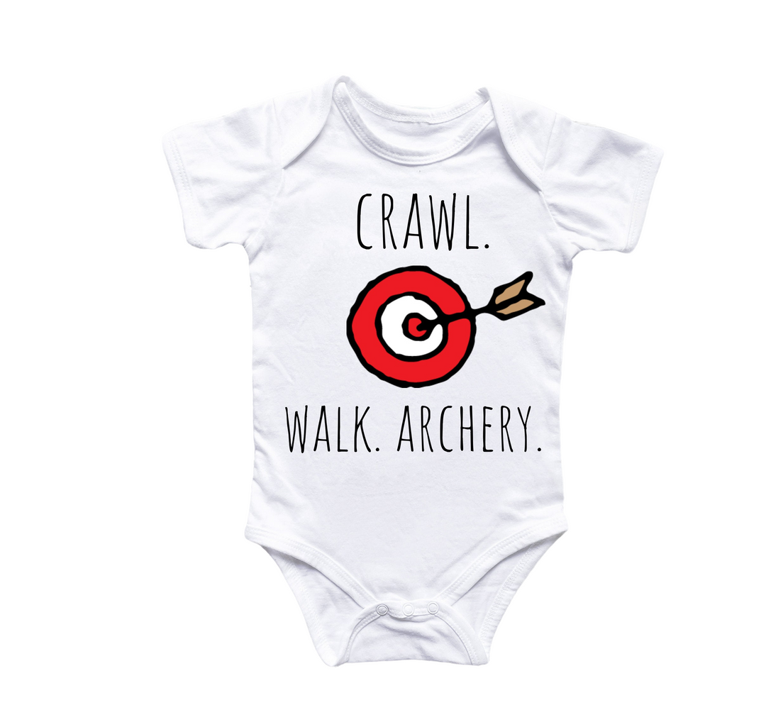 a white bodysuit with a graphic of a target and the words crawl walk archery