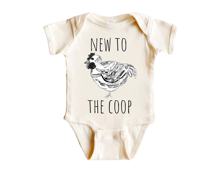 a baby bodysuit that says new to the coop