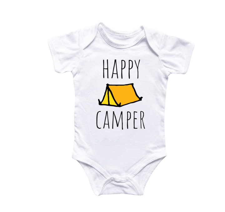 a white baby bodysuit with the words happy camper printed on it