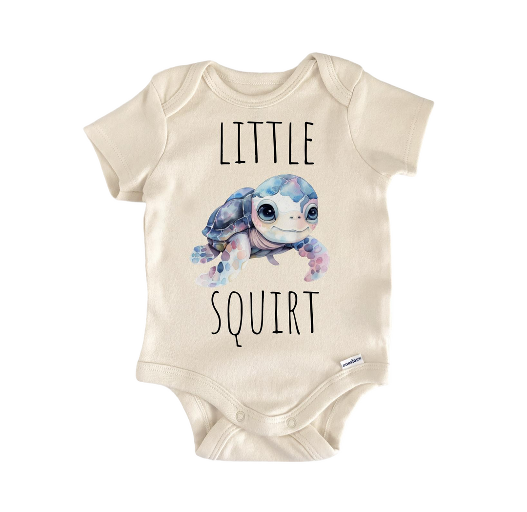 a baby bodysuit with a picture of a turtle on it