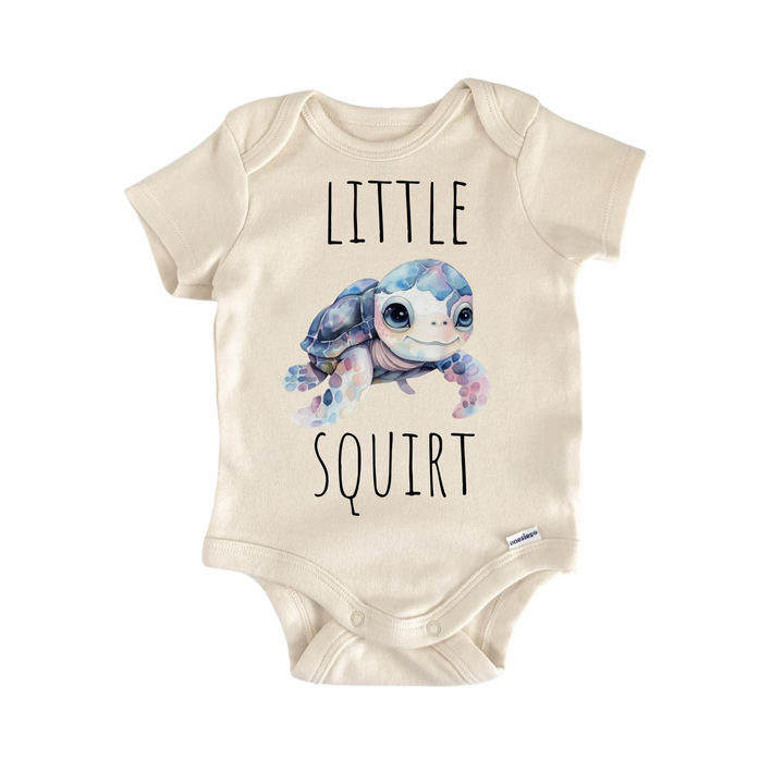 a baby bodysuit with a picture of a turtle on it