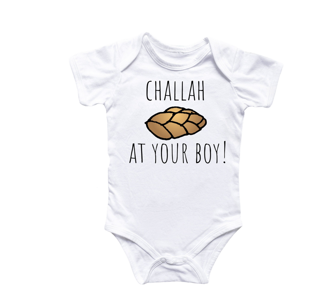 a baby bodysuit that says challah at your boy