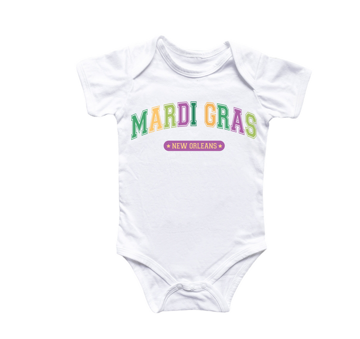 a white bodysuit with the words mardi gras on it