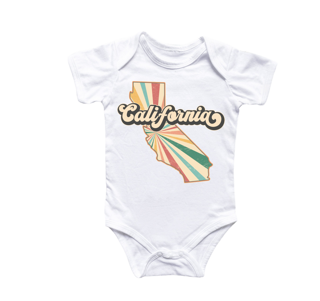 a baby bodysuit with the word california printed on it