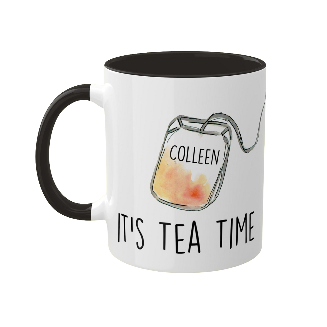 a white and black coffee mug with the words it's tea time on it